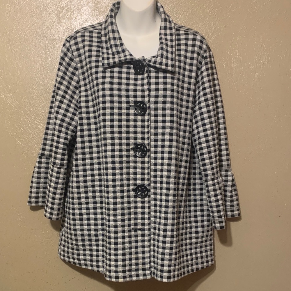 Multiples size XL Checkered Pea Coat in Black and White Plaid Back Pleat Buttons